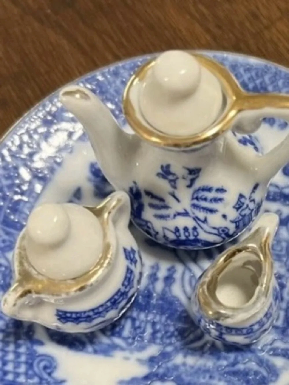 10pc Lot Miniature Mini Blue/White Gilded Porcelain TEA SET Teapot Sugar Creamer